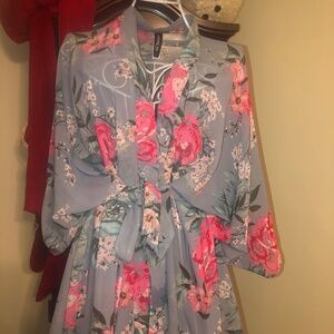 Adore Me Powder Blue floral fringe kimono robe